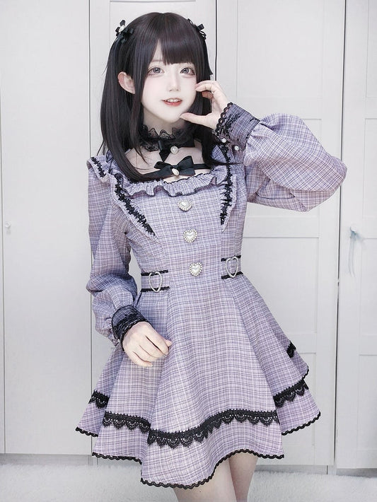 Style Lavender Set Dress Collar - Landmine Plaid Matching Puff Sleeve with Shorts Detachable Tweed