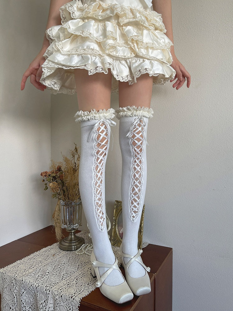 Cut-Out Ruffles White/Black Stockingswith Strappy Lolita