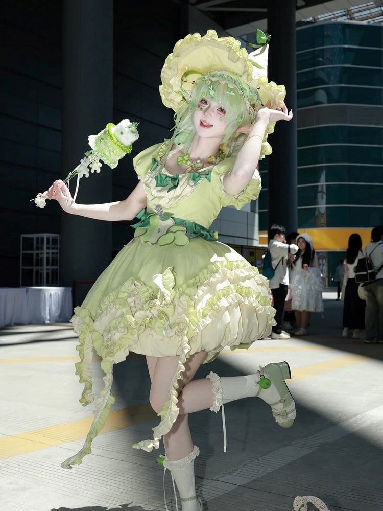 Green Ruffled Sweet Lolita Fluffy OP Dress Full Set