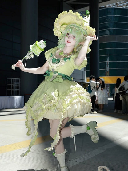 Green Ruffled Sweet Lolita Fluffy OP Dress Full Set