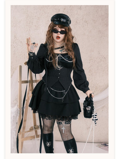 Charms Plus with Striped Y2K Chains Size Top Black Gothic Cross Bead