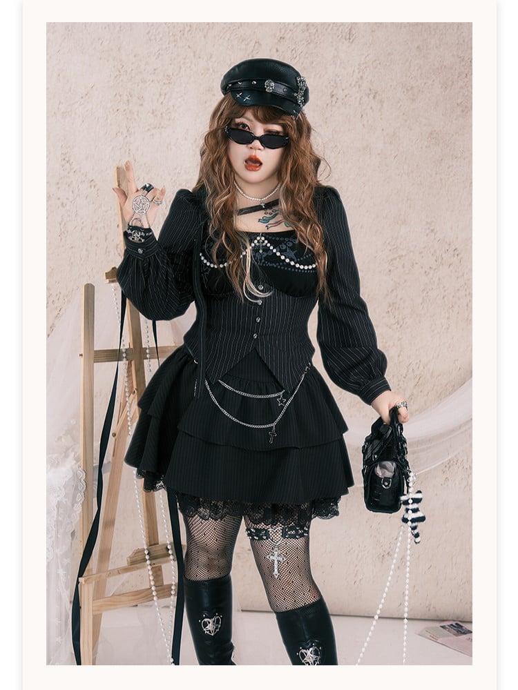 Belt Size PU Cross Black Silver Goth Plus Y2K Charms with Chains