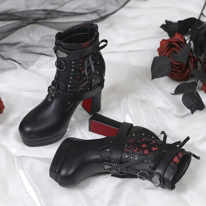 Gothic Studded High-Heel Boots with Red Sole - Lacy Bones