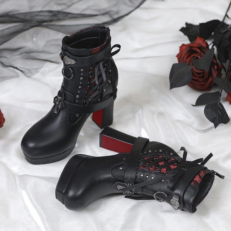 Gothic Black High-Heel Boots with Red Sole, Studs, Dual Closure & Detachable Buckles, Size 38 - Lacy Bones