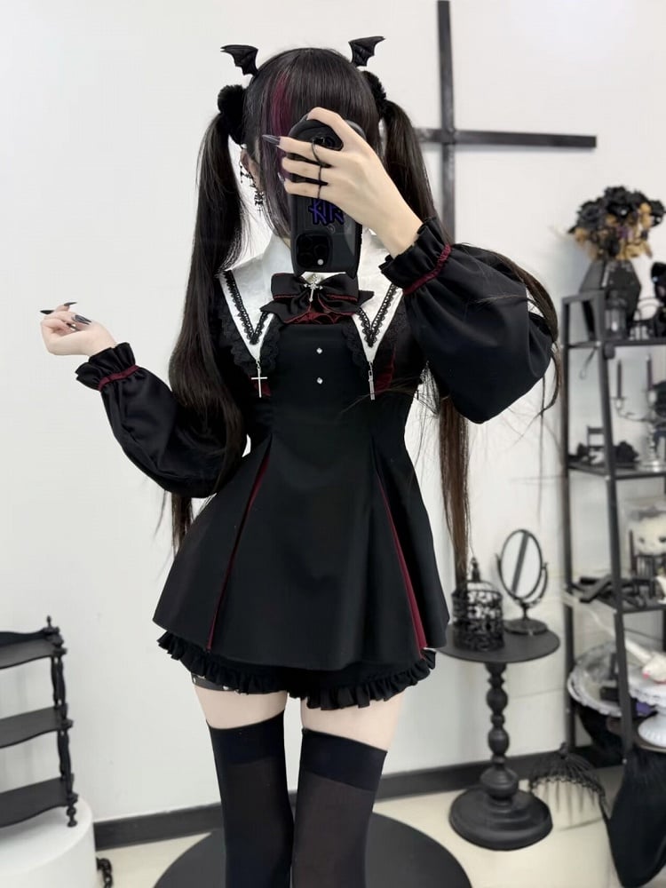 Jirai Kei Outfit Set Black Red Ruffle Dress Shorts Collar Bow Charms - Cotton Candy