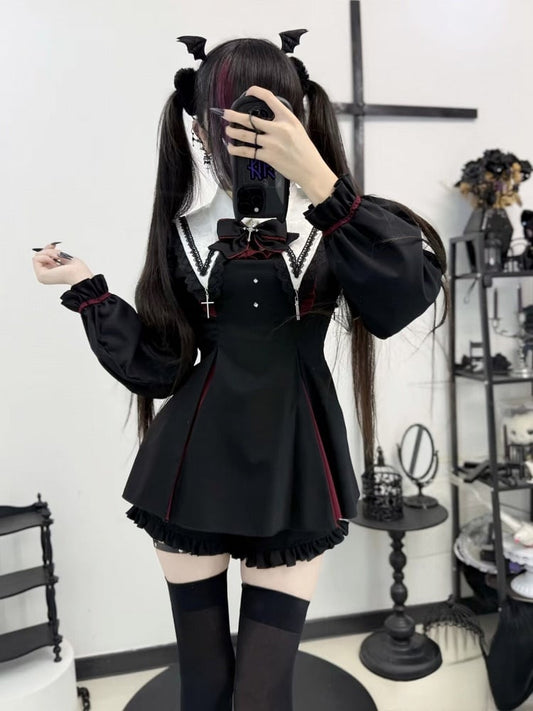 Jirai Kei Outfit Set Black Red Ruffle Dress Shorts Collar Bow Charms - Cotton Candy