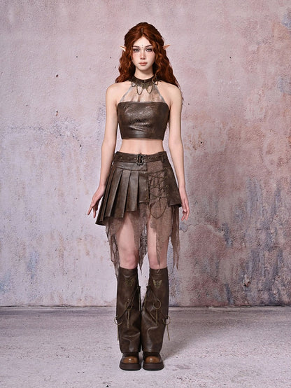 Brown Wasteland Punk Butterflies PU Leg and Warmers Chains