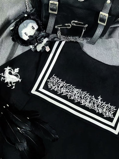 with Gothic Black Jirai Collar Sailor Kei Print T-Shirt