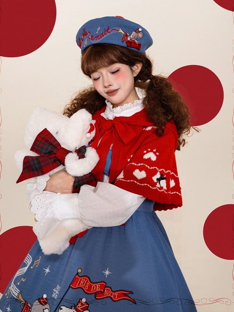 Kawaii Blue A-line Dress with Animal Embroidery Patchwork & Bowknots - iris de nuit