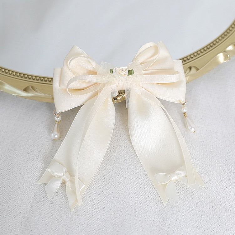 Bead With Sweet Bowknot Hairclip Gauze Lolita Beige Charms Flower