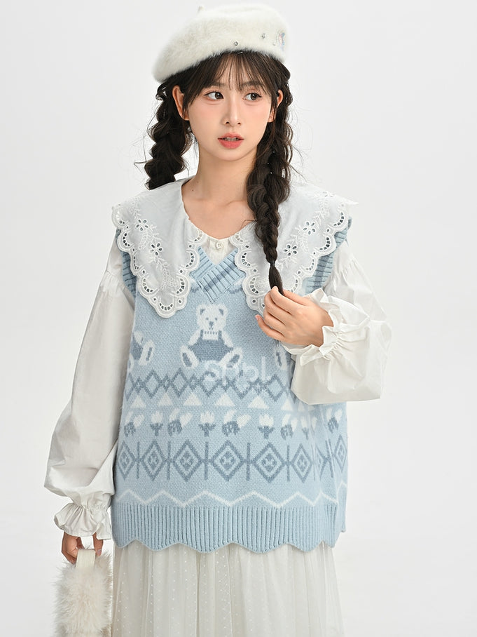 Blue Teddy Bears Pattern Scalloped Edge Trim Vest
