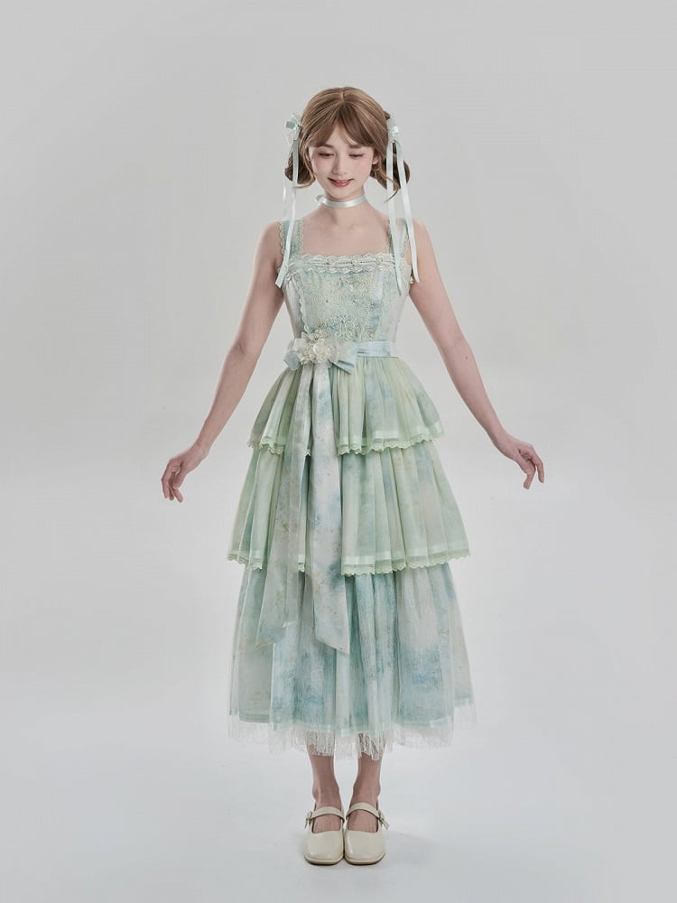 Painting and with JSK Hem Embroidery Dress Lolita Green Detail Print Tiered Oil