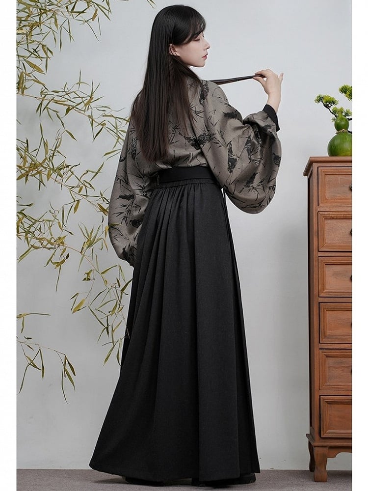 Pleated Style Detail Skirt Chinese with Waistband Elastic Black