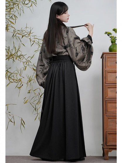 Pleated Style Detail Skirt Chinese with Waistband Elastic Black