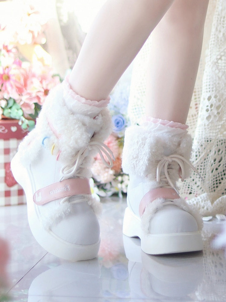 Platform Winter with Accents Fastening Hybrid Plush White Ear Bunny Boots - Themed Sole