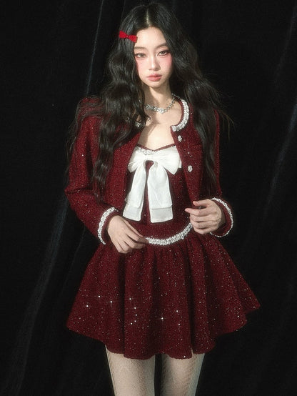 Weihnachtsrotes Tweed-Unterkleid mit Schleife und Perlendetails