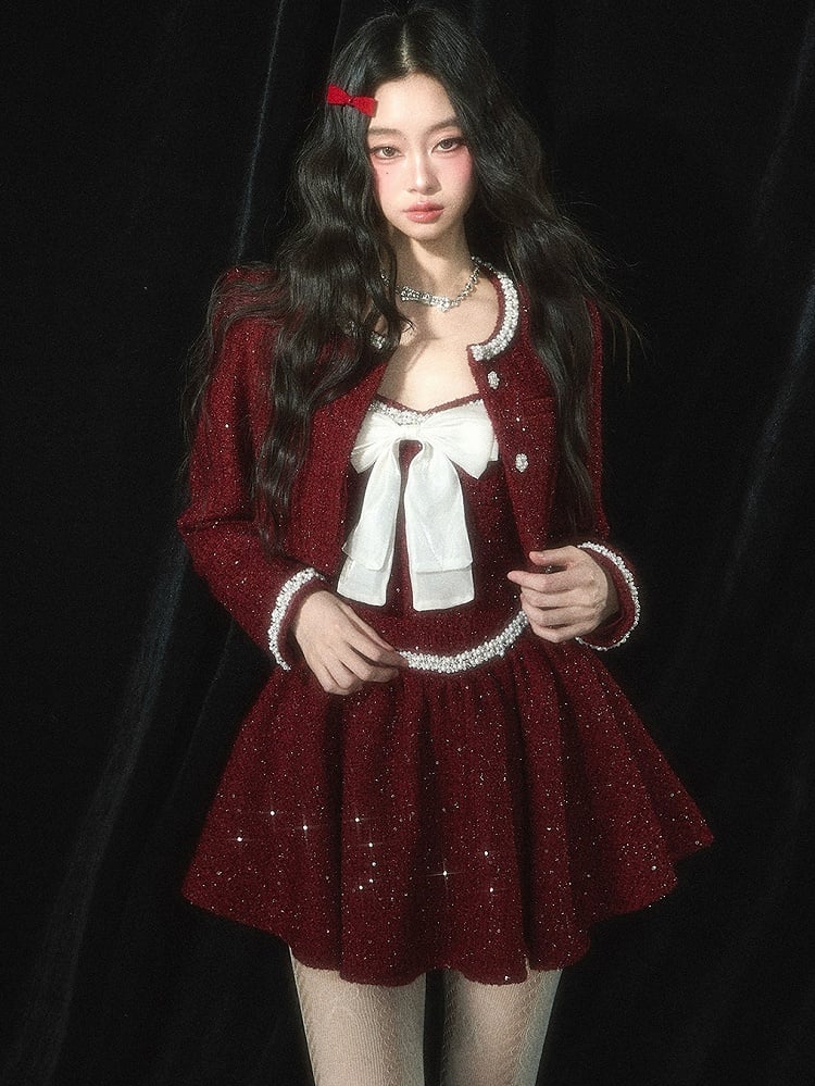 Christmas Red Bead Details Tweed Cropped Jacket