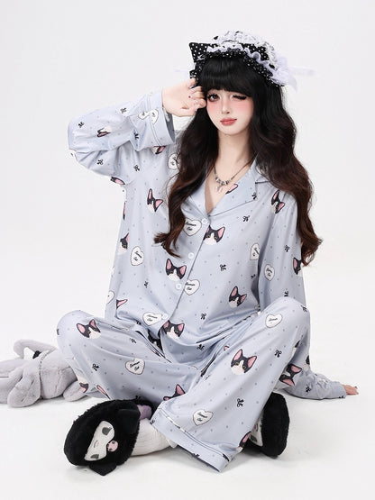 Grey Cute Otaku Kitten Print Long Lounge Wear Two-Piece Set - Long-Sleeve Top + Pants - CRAZY GIRL