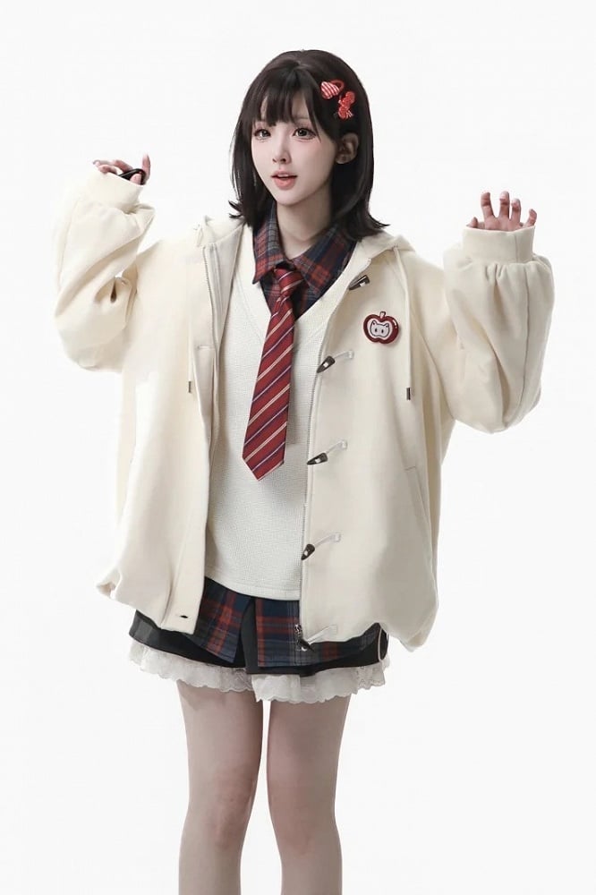 Toggle Button with Hem - Apple White Hooded Bubble Closure Jacket Brooch