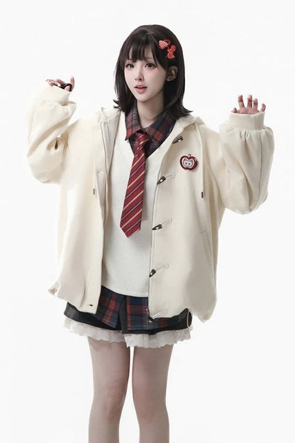 Toggle Button with Hem - Apple White Hooded Bubble Closure Jacket Brooch