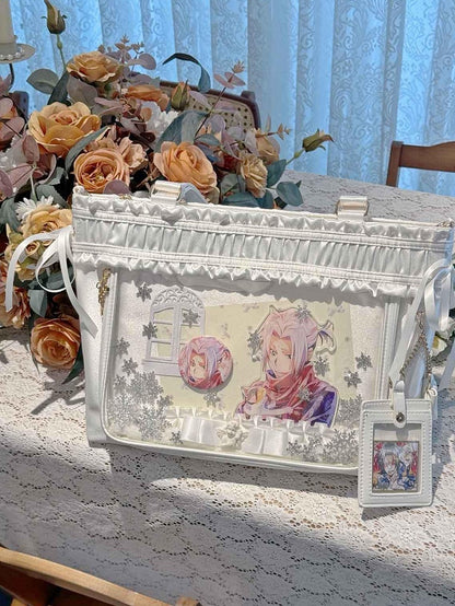 Ruffled Trim Ita Bag Ribbon Bow Large White Capacity Tote