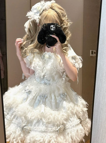 Rose Bow Lolita White Feather-Adorned and with Hime Accents Dress