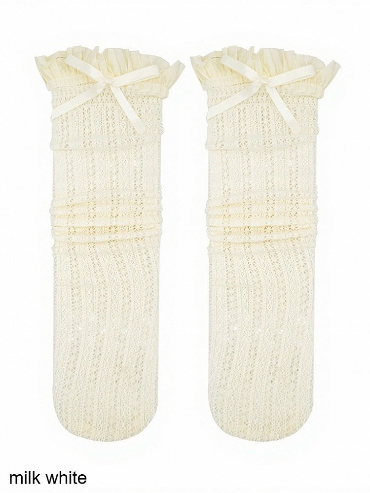 Lace Pattern Bow Calf Socks with Ruffled Cuff - ModaSwings