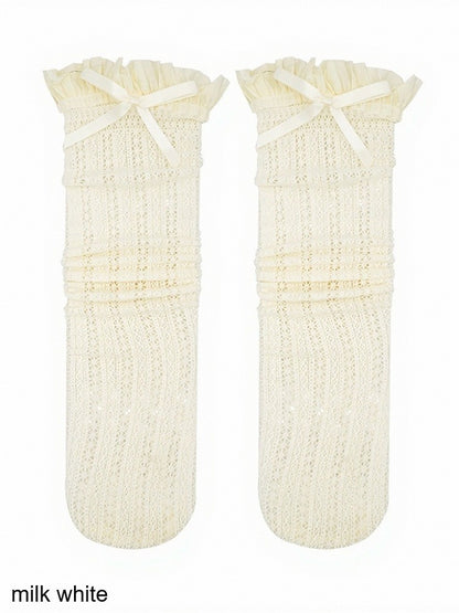Lace Pattern Bow Calf Socks with Ruffled Cuff - ModaSwings