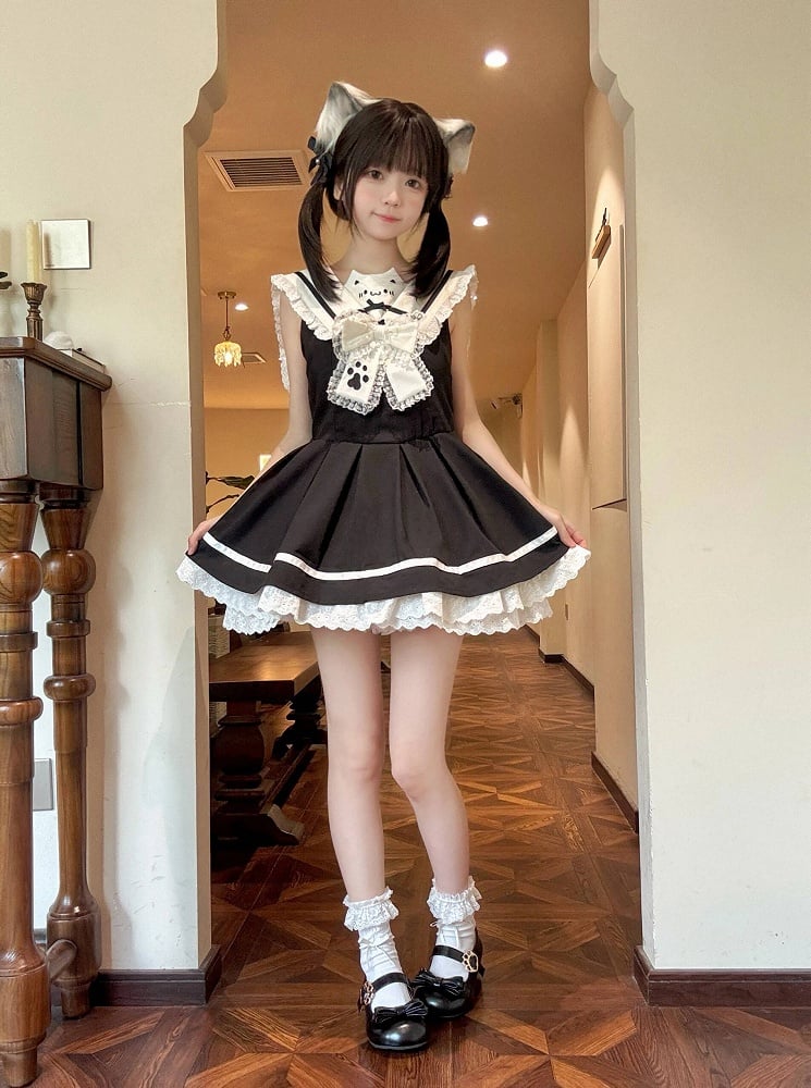 Collar Sailor Black with White Dress Print Backless Kitten Covered-back / Sleeveless