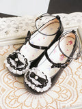 Toe Lace Trim Bow Heart Buckles Shoes at Lolita Black Top Round