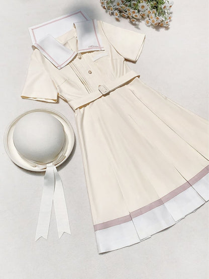 mit Faltenkasten Matrosengelb Milch Taille Kleid Rock Kragen Gürtel