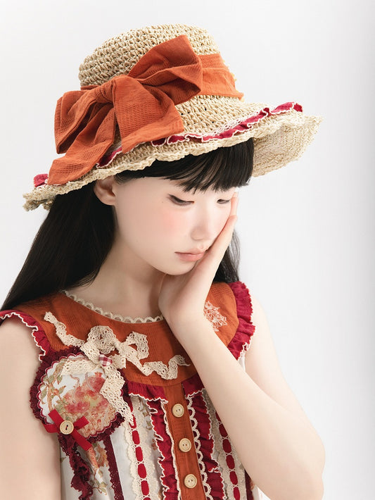 Bow Hat with Large Straw Orange Cottagecore