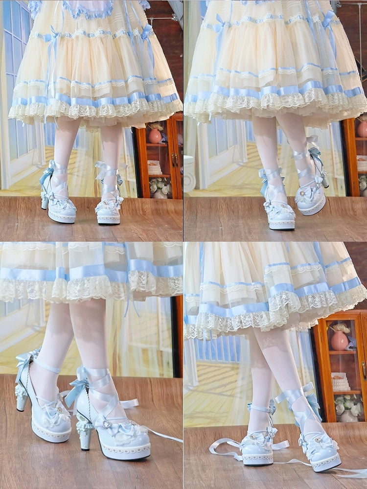 Platform Details Lolita Sweet Block Bow Heart Blue Sculpted High - Sky with Heel Janes Mary Accents