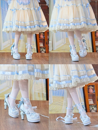 Platform Details Lolita Sweet Block Bow Heart Blue Sculpted High - Sky with Heel Janes Mary Accents