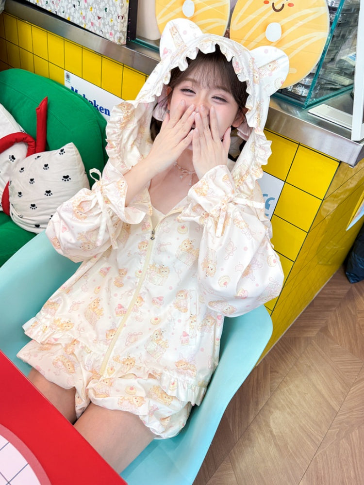 Ears Hood Beige Allover Drawstring Kitty Print Sun Protection Jacket Cuffs Kitty
