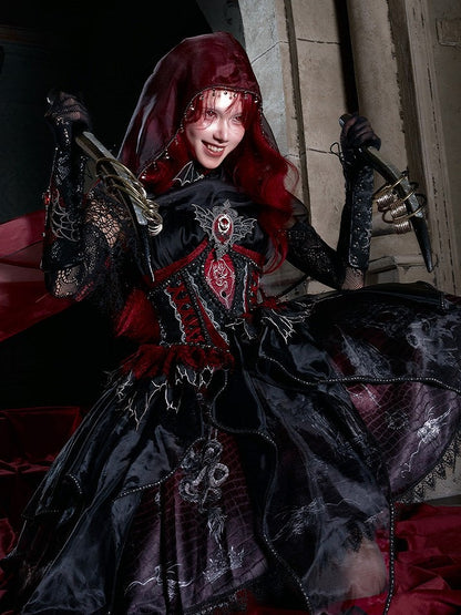 Black & Red Bone Dragon Embroidery Halter Neck Gothic Lolita Dress Set - Ying Luo Fu