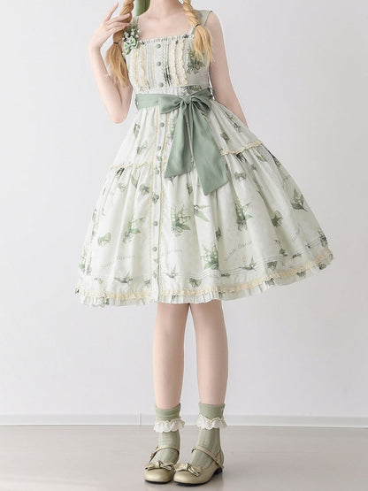 Lily of the Valley Print Light Green Summer Floral Dress Natural Kei Lolita Jumper Skirt