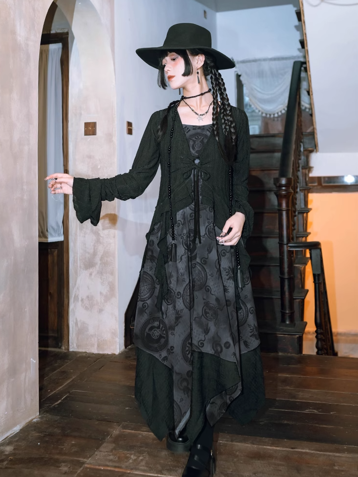 Hem Cheongsam Style Graphic Handkerchief Cami Chiffon Dress Black