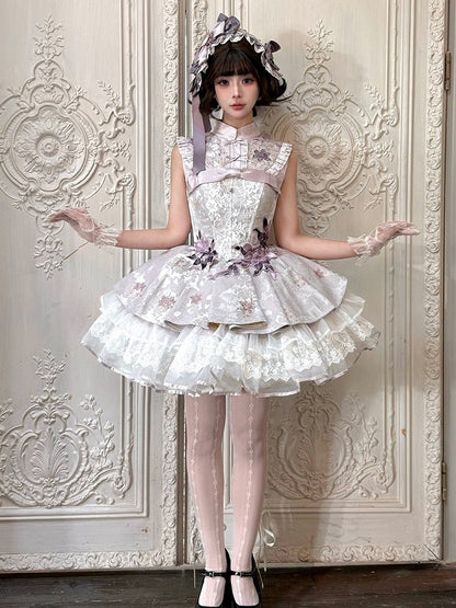 Strapless Floral Lace Layered Lolita Gown - Yimu Walnut