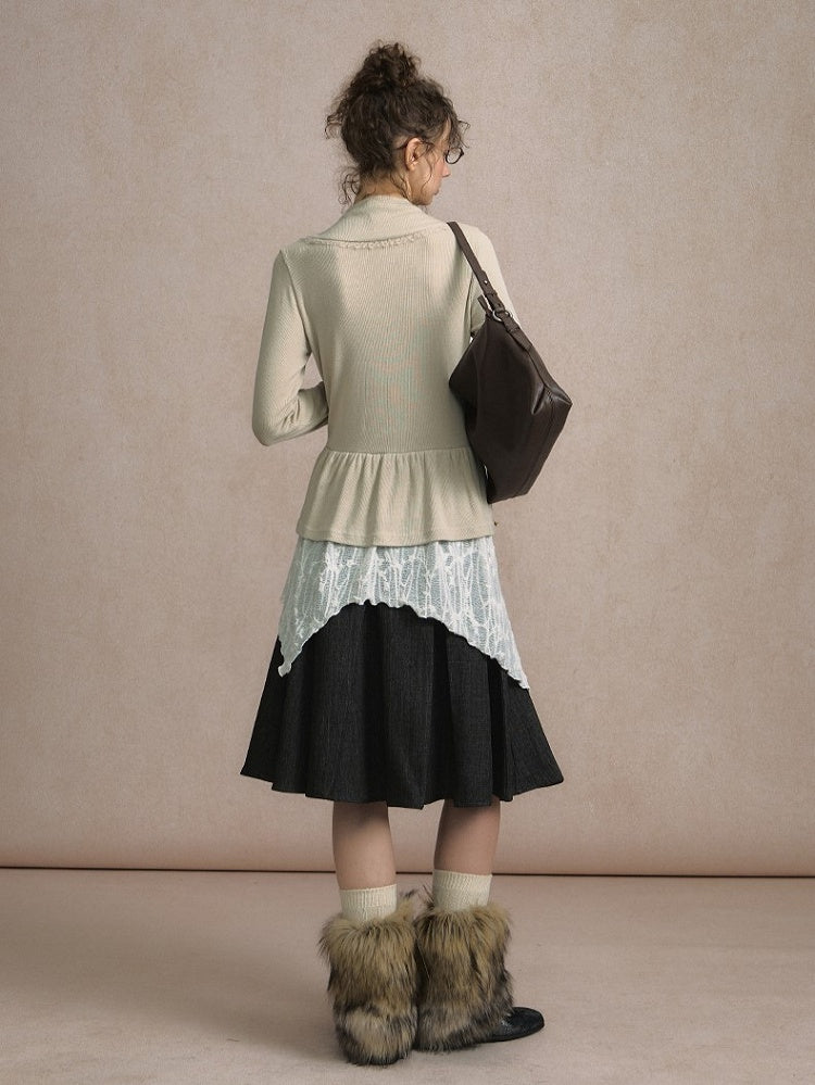 with Apricot Ruffled Design Hem Top Patchwork Knit