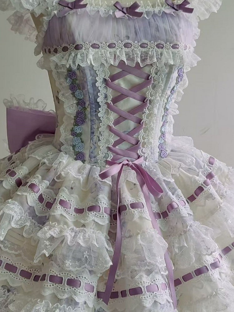 Lace White Purple Floral Hairband Top + Set Bow Skirt Embroidered Train Layered