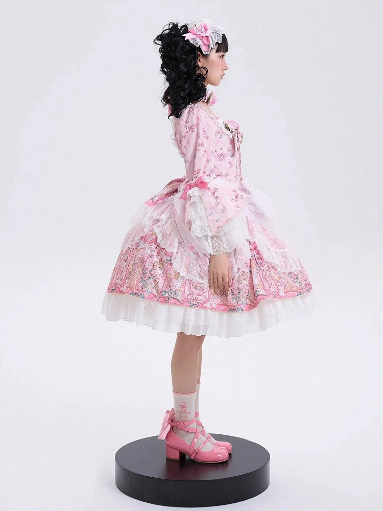 Rosafarbenes Lolita-Kleid mit Rosettendruck, inspiriert von der Rokoko-Mode, quadratischer Ausschnitt, Glockenärmel, OP/komplettes Set