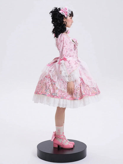 Rosafarbenes Lolita-Kleid mit Rosettendruck, inspiriert von der Rokoko-Mode, quadratischer Ausschnitt, Glockenärmel, OP/komplettes Set