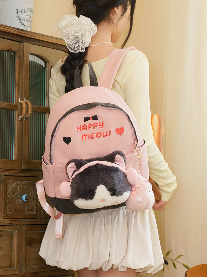 A PinkGray Embroidery Heart With Suede And Backpack Letter Plushie Kitty Detachable