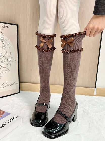 Bow Stockings Lolita Colors) Cable-Knit Style Ruffled (5