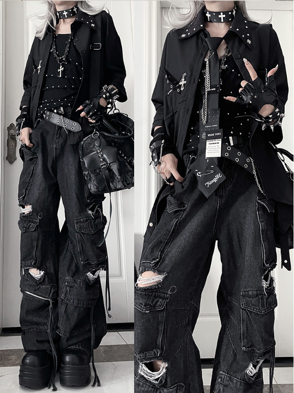 Back Cross Short-Sleeve Print Punk Hem Shirt Asymmetrical Black with