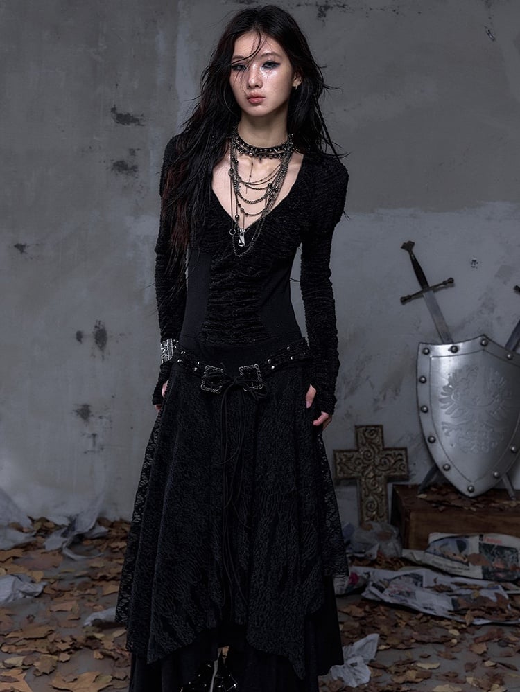 Black Dress Sleeve Knit with Waist Punk Hem Tiered Handkerchief Juliette Studded