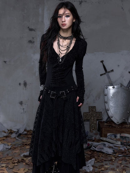 Black Dress Sleeve Knit with Waist Punk Hem Tiered Handkerchief Juliette Studded