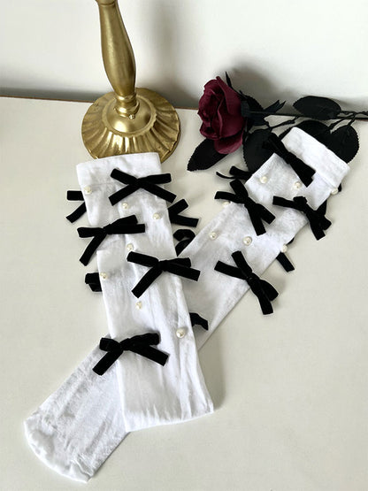 4 Colors Velvet Bow & Bead Decoration Calf Socks