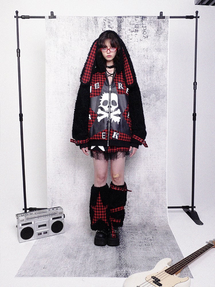 Ear Plaid Panel Adjustable Black Straps Cuff with Bunny Coat Red